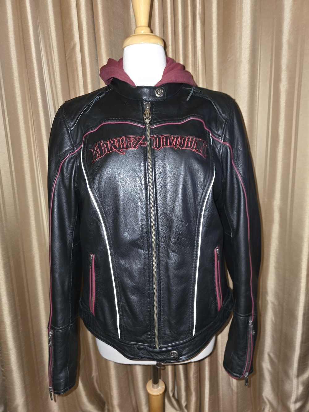 Harley-Davidson 3- In-1 Black Leather Jacket with Burgundy Trim Size L Woman's